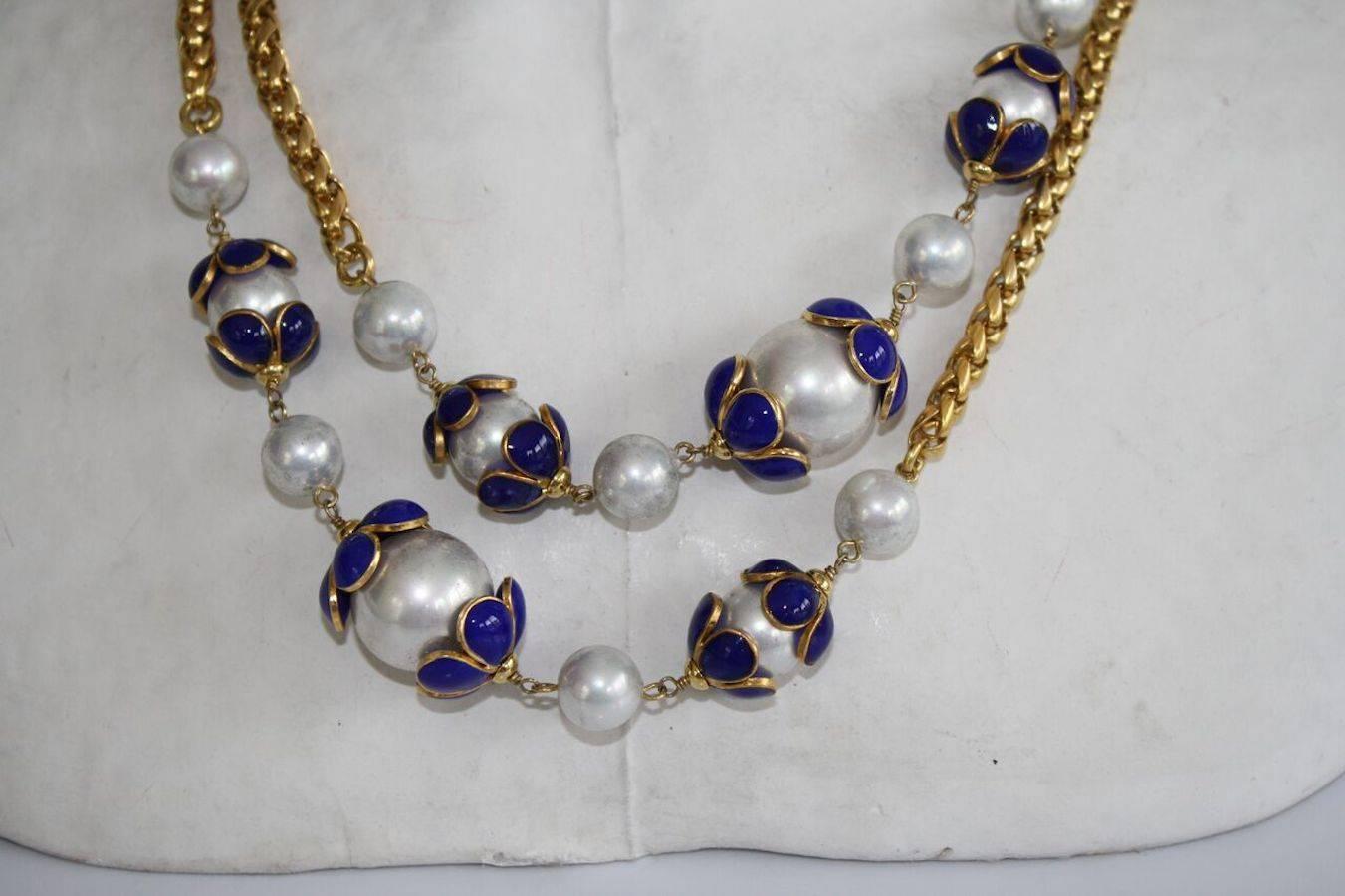 Francoise Montague Glass Pearl and Lapis Blue Pate de Verre Sautoir Necklace 1