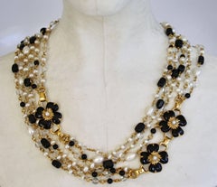 Goossens Paris Black Onyx, Pearl, and Rock Crystal Long Clover Necklace