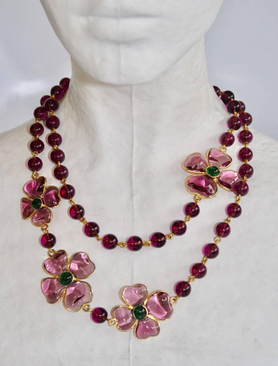 Francoise Montague hand poured pate de verre glass necklace in purple and mauve. Can be worn long or doubled- as shown in images.