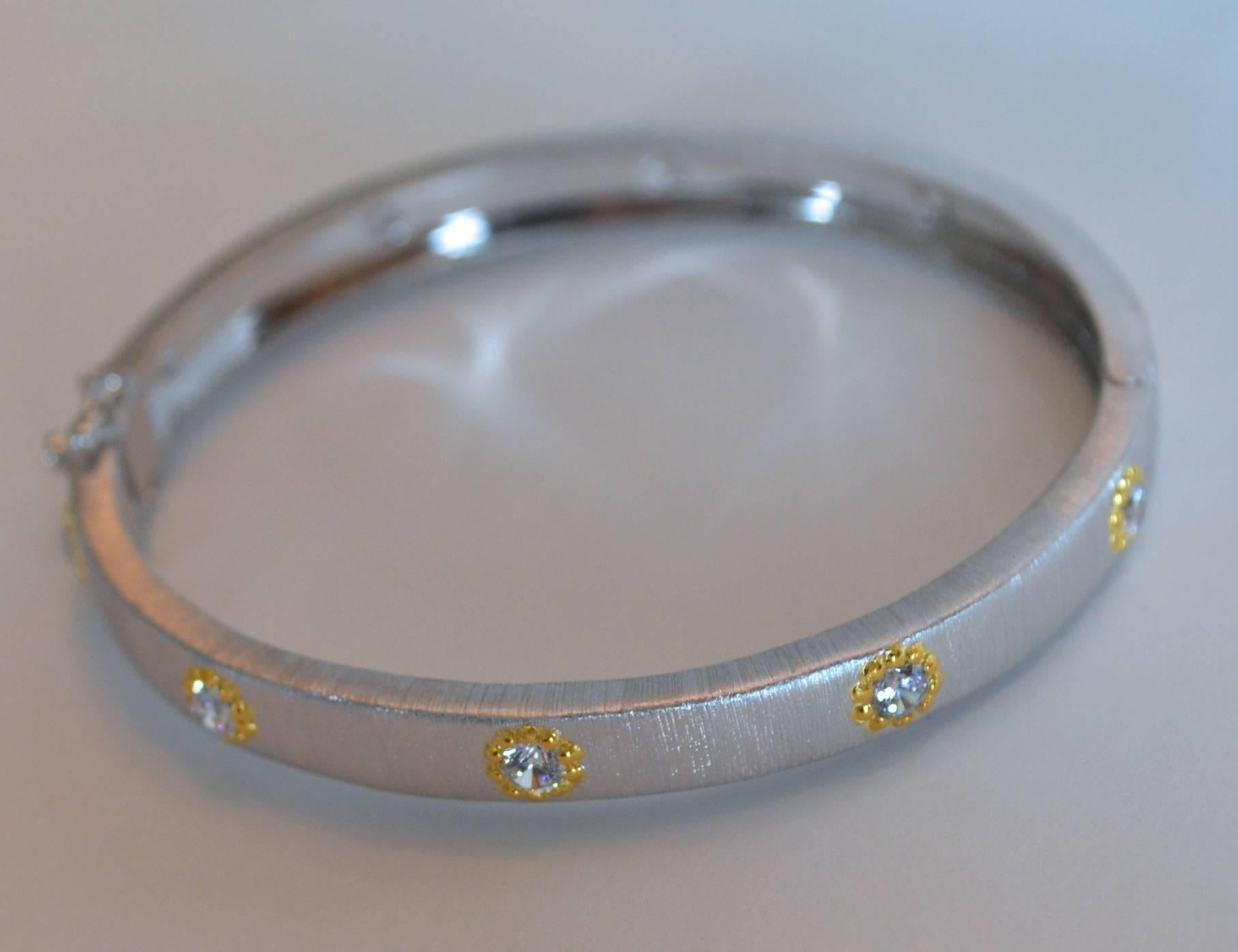 Bijoux Num Thin CZ Brush Satin Bangle in Rhodium and Gold Plate In New Condition In Virginia Beach, VA