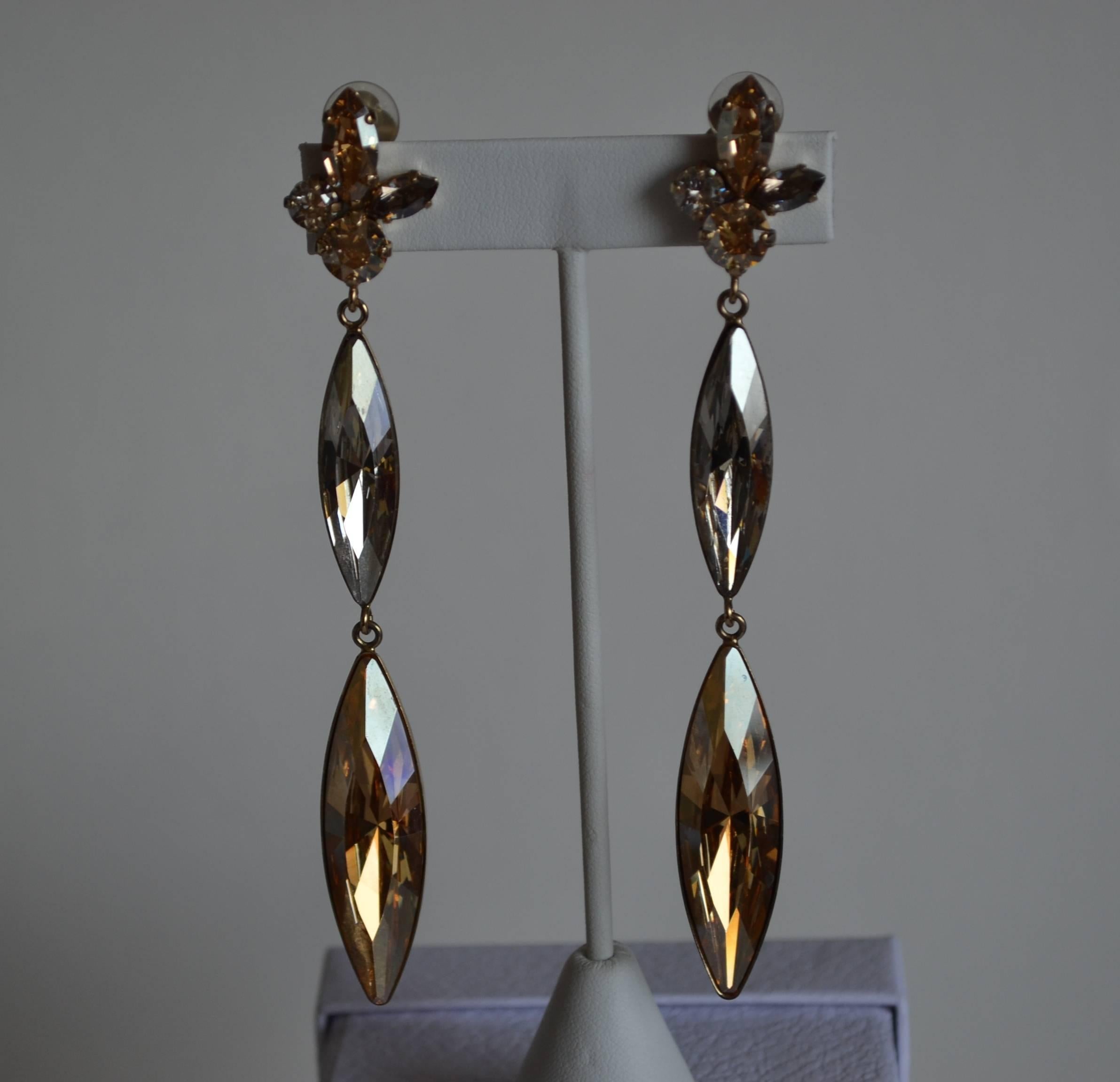 Philippe Ferrandis Champagne and Clear Crystal Statement Clip Earrings In New Condition In Virginia Beach, VA