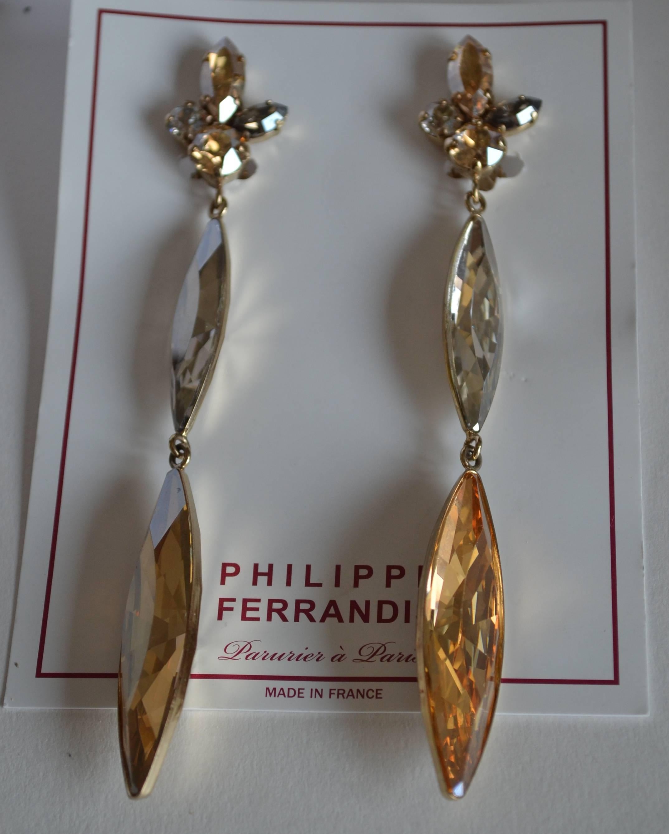 Women's Philippe Ferrandis Champagne and Clear Crystal Statement Clip Earrings