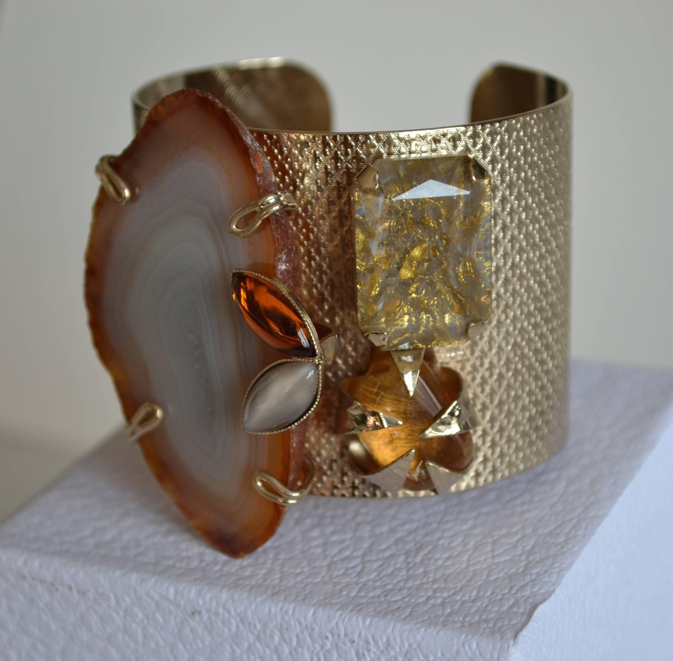 Gorgeous agate, glass and crystal cuff from Philippe Ferrandis. Metal is soft and molds to both large and small wrists. 