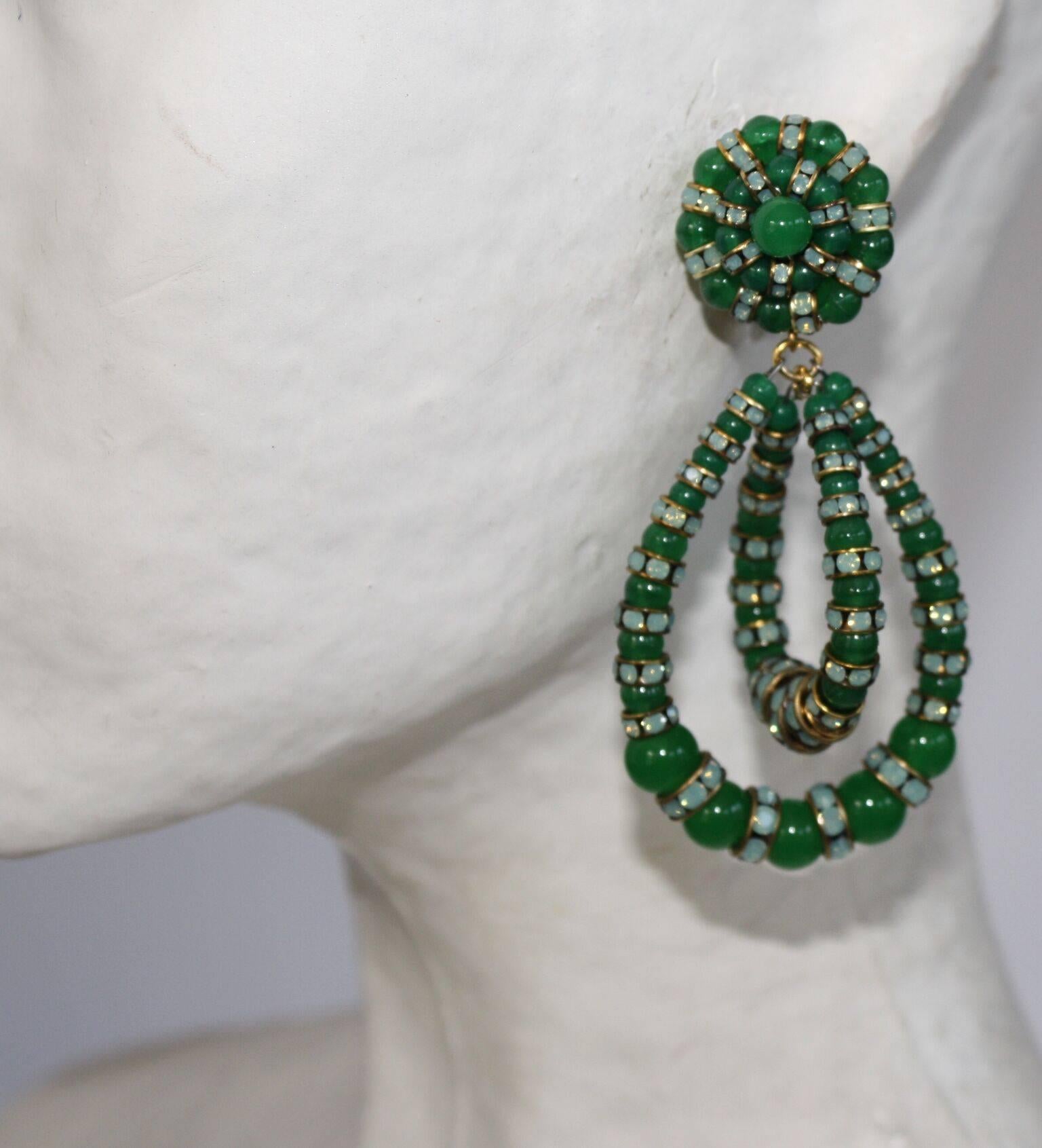 Francoise Montague Aventurine and Crystal Lolita Clip Earrings In New Condition In Virginia Beach, VA