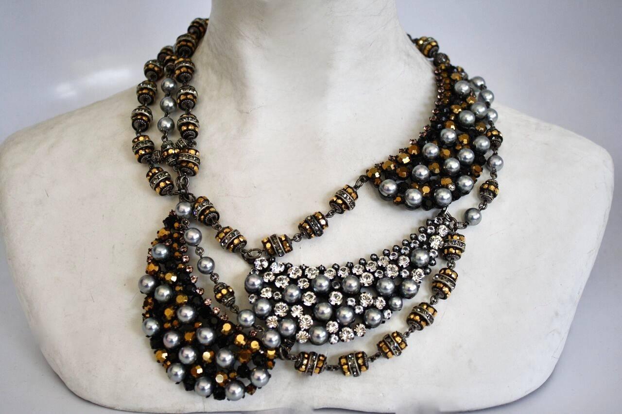 Francoise Montague Donville Grey Pearl and Swarovski Crystal Statement Necklace In New Condition In Virginia Beach, VA