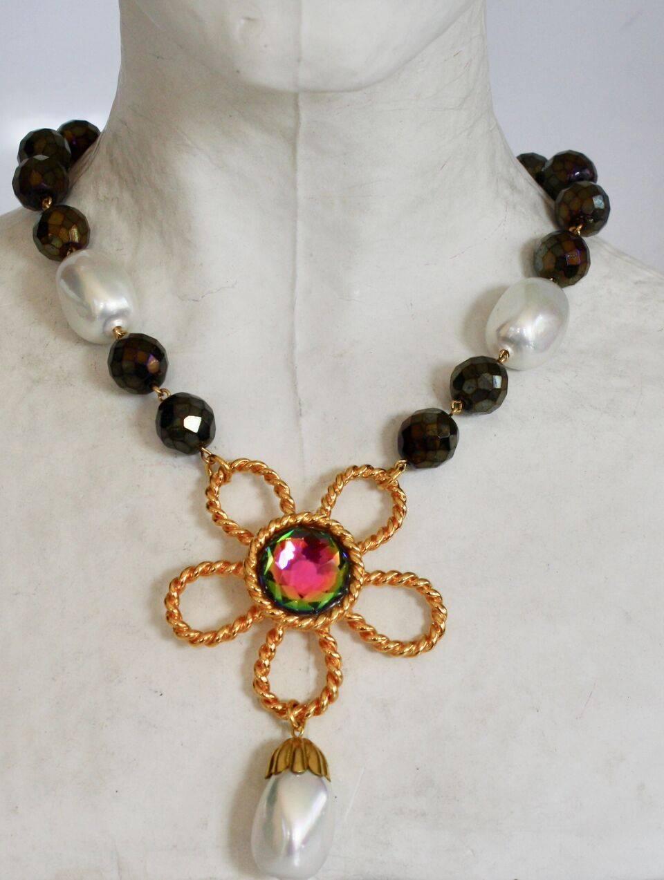 Francoise Montague Pyrite and Glass Pearl Drop Necklace In New Condition In Virginia Beach, VA