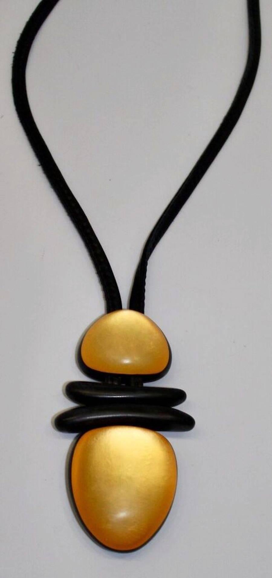 Women's Monies Leather, Wood, and Acrylic Gold Pendant Necklace