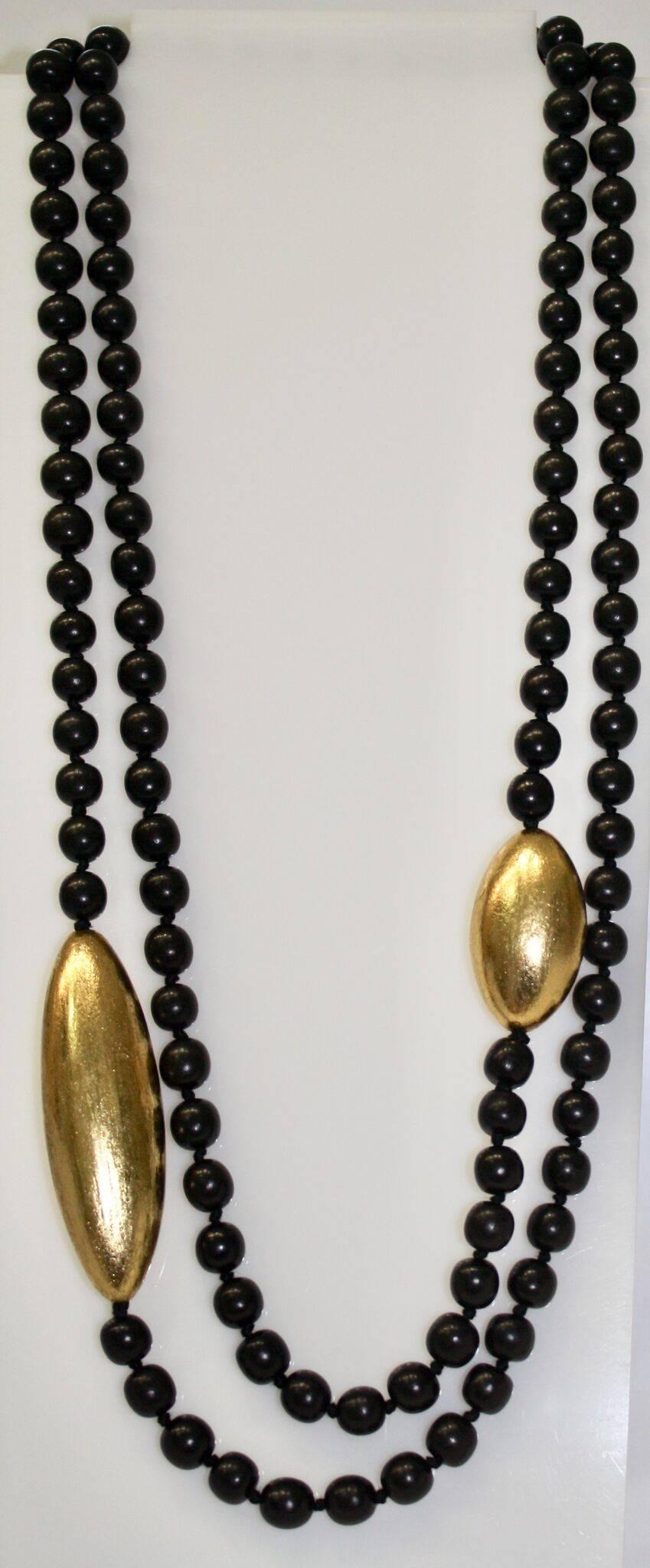 Monies Long Wood Pearl and Gold Leaf Element Necklace In New Condition In Virginia Beach, VA