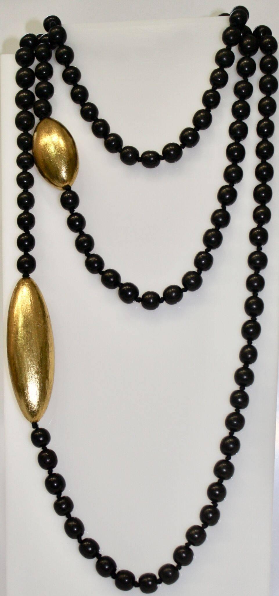 Monies Long Wood Pearl and Gold Leaf Element Necklace 1