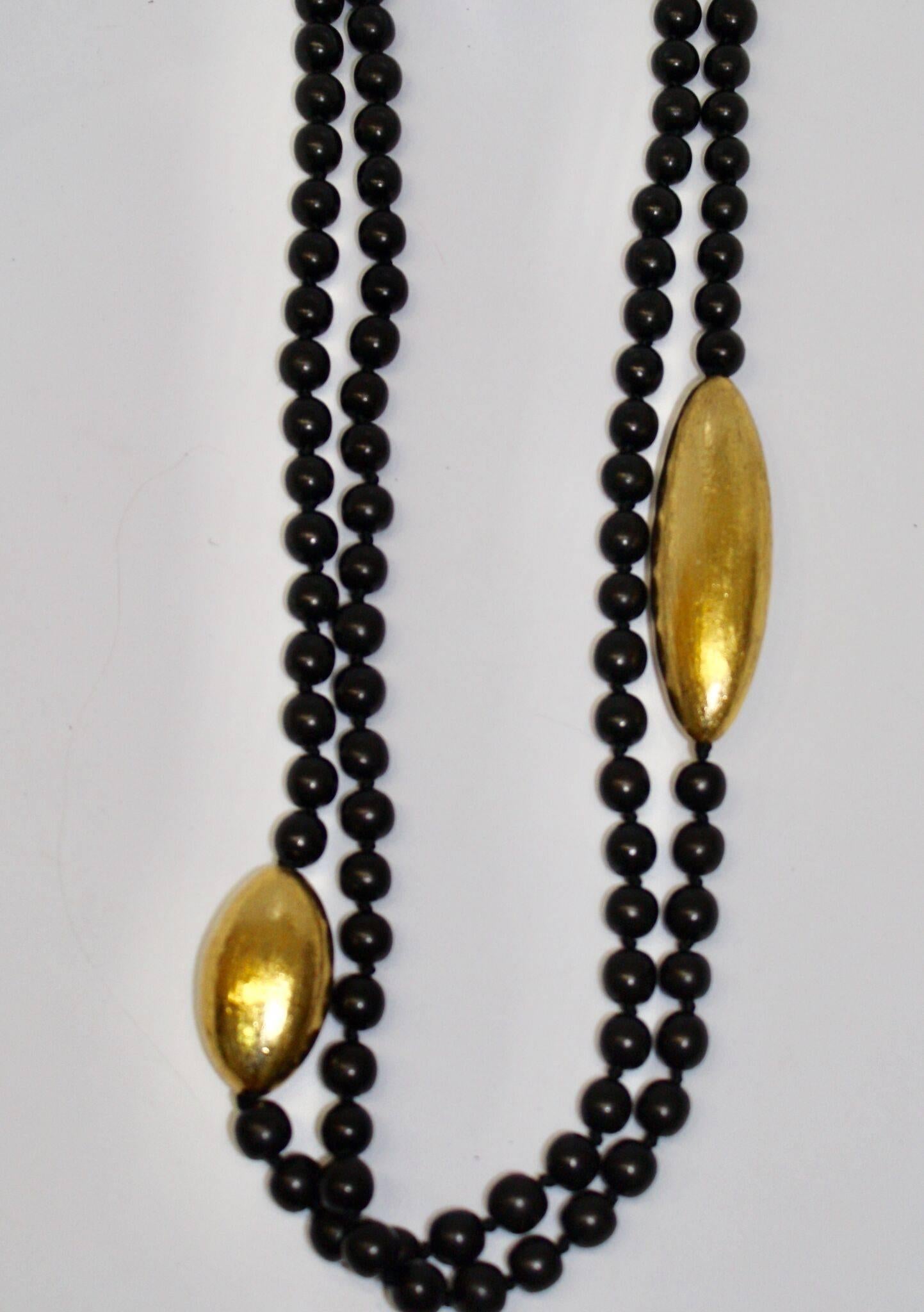 Women's Monies Long Wood Pearl and Gold Leaf Element Necklace