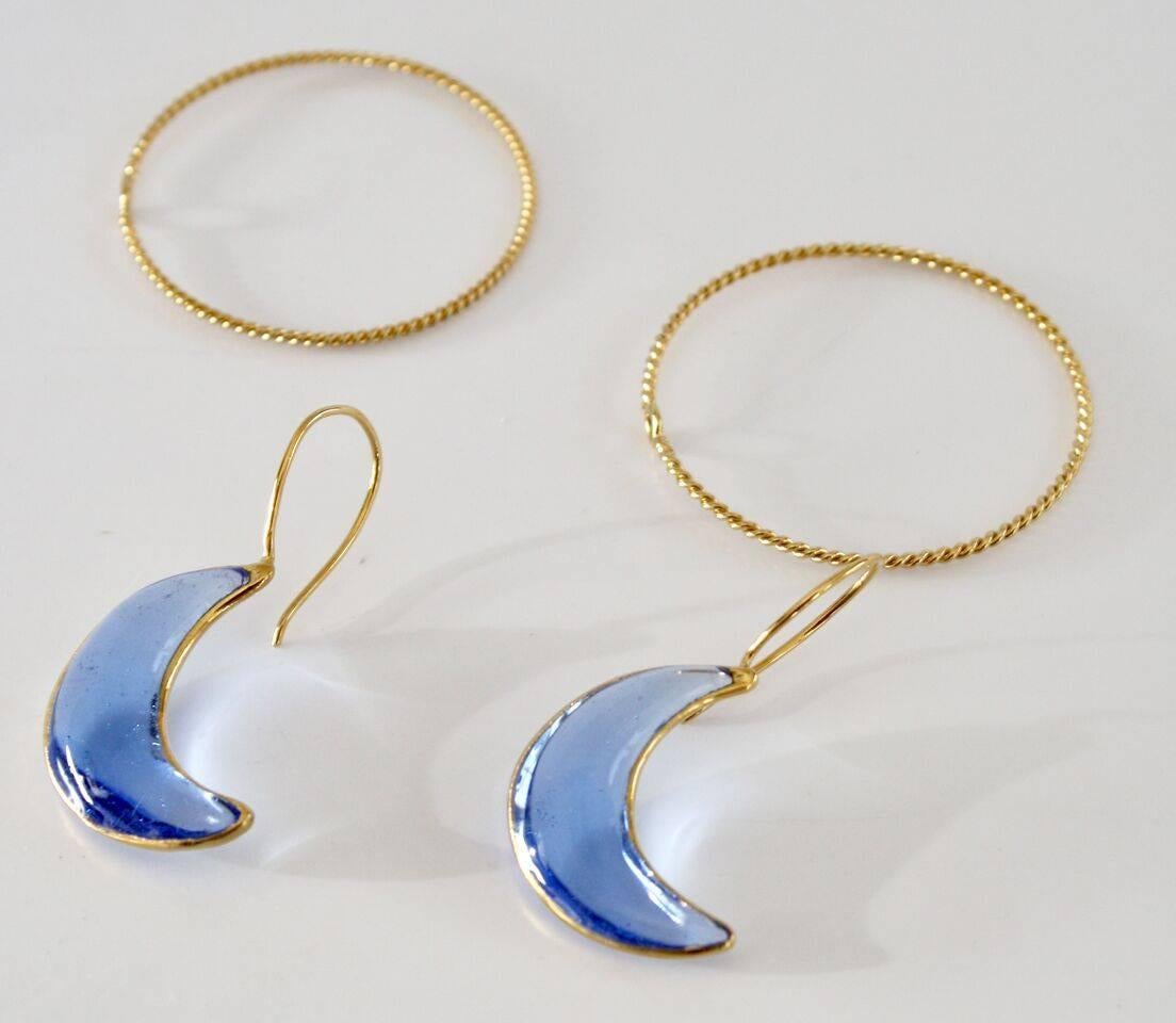 Blue poured glass moon earrings with removable hoop option. 
