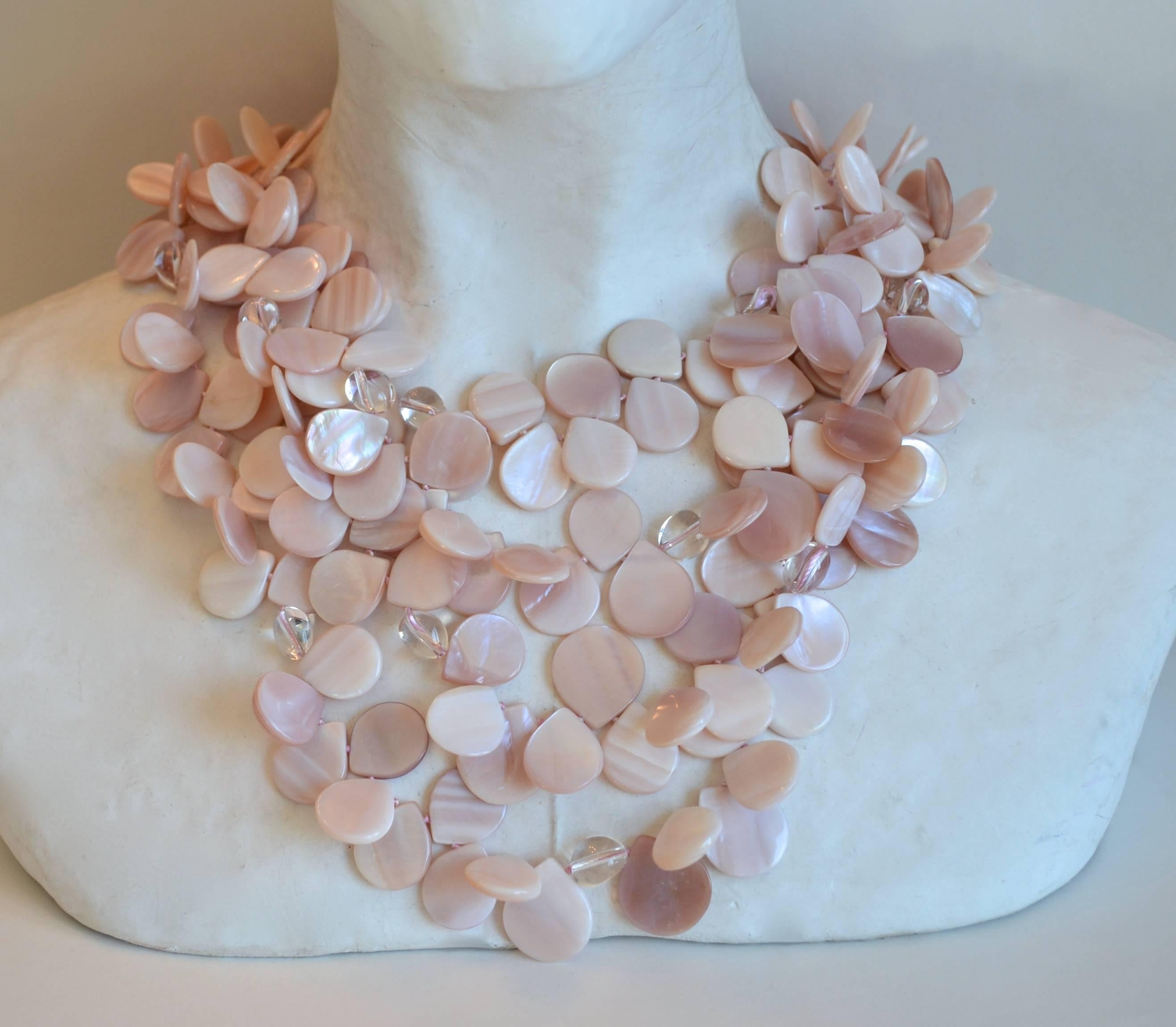 Patricia Von Musulin pink mother of pearl petal necklace with lucite beads. Hand strung on Japanese silk with architectural lucite clasp. 