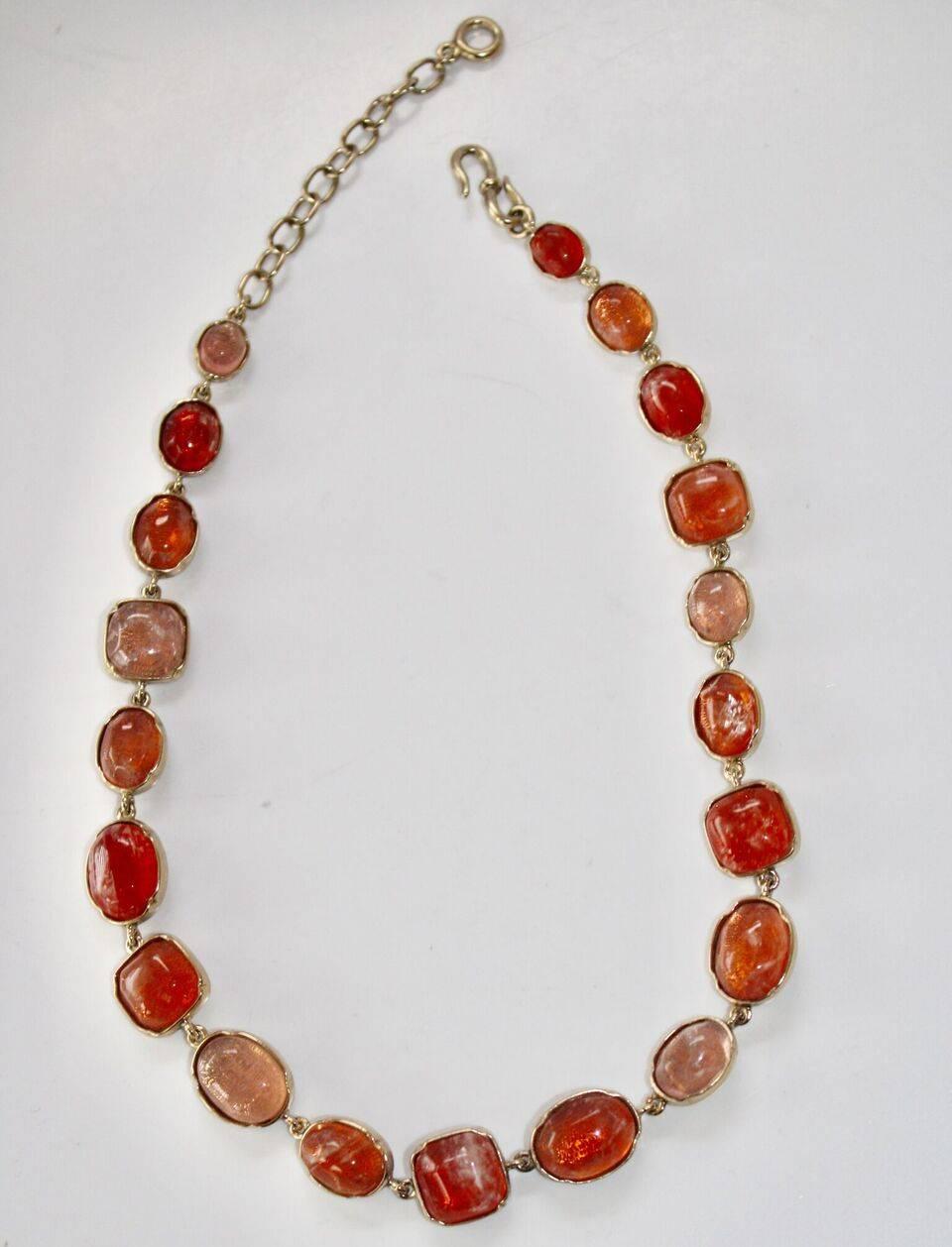 Multi-tone pink and salmon hand tinted rock crystal cabochon necklace from Goossens Paris. 