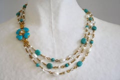 Goossens Paris Turquoise, Pearl, and Rock Crystal Trefle Necklace