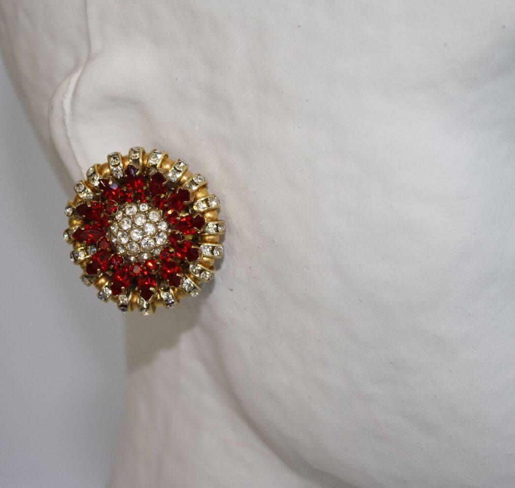 Clear and red Swarovski Crystal roundelle clip earrings in gold metal from Francoise Montague. 