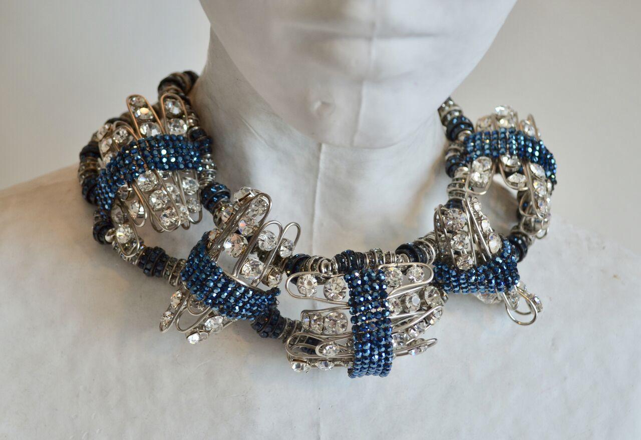 Two tone blue and clear Swarovski crystal statement necklace. This sculptural piece is a work of art - perfect for your next gala or event. 