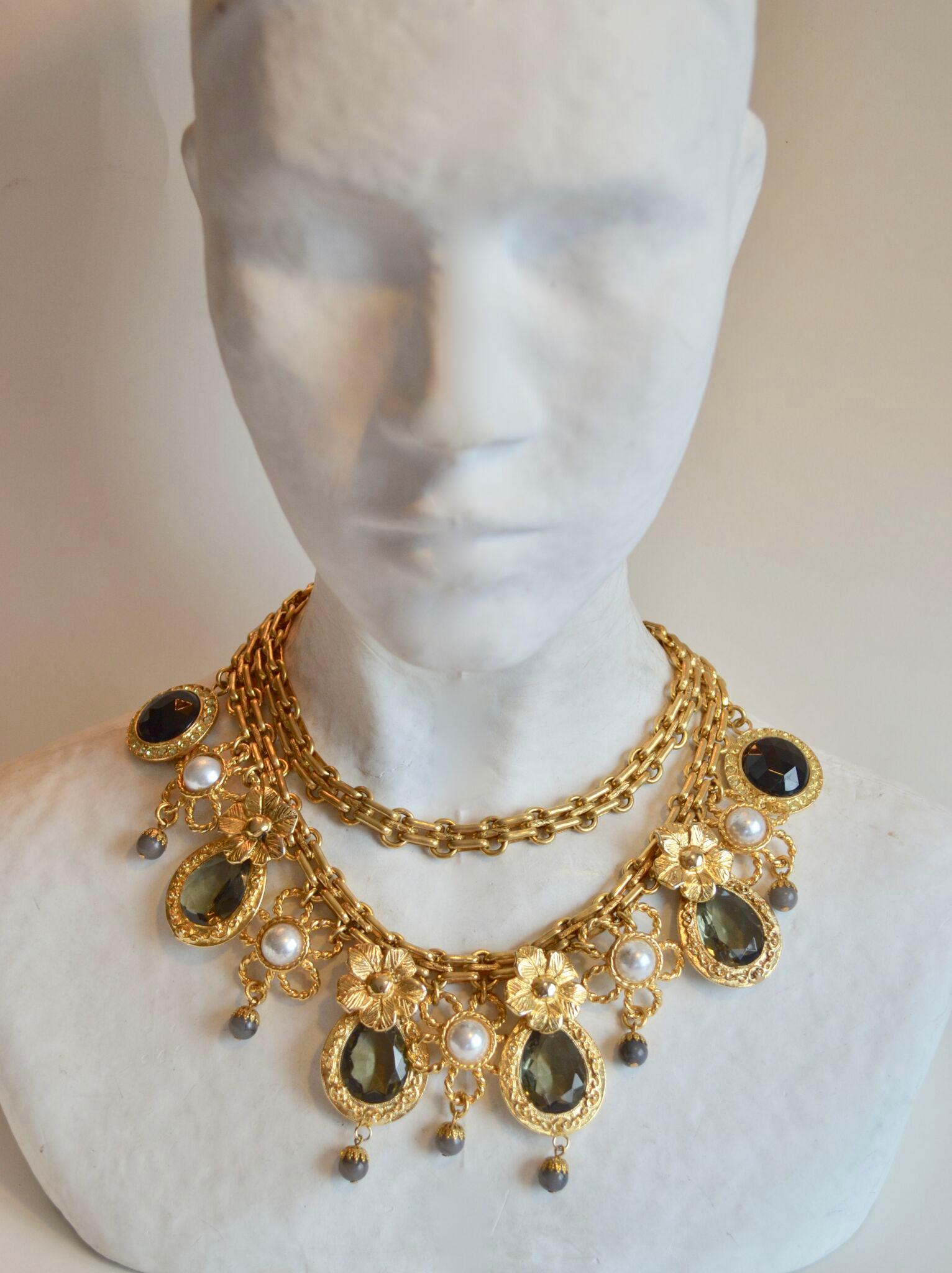 Double chain necklace with gorgeous vintage charms from French designer Francoise Montague. 