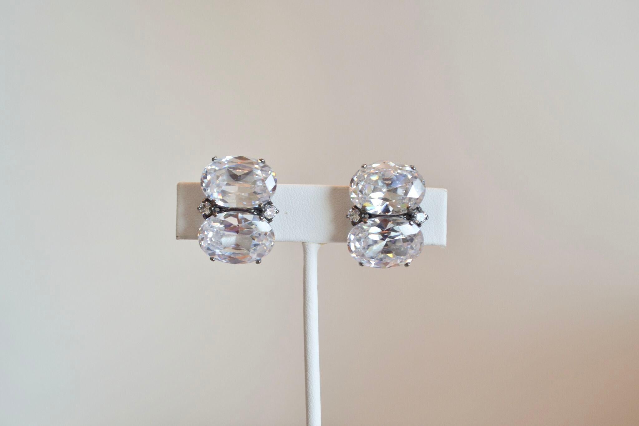J. Kasi Double Oval CZ Button Clip Earrings in Rhodium In New Condition In Virginia Beach, VA