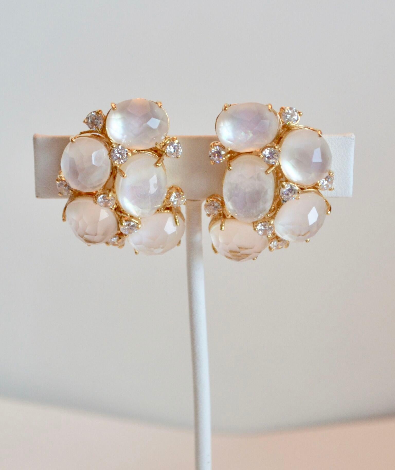J. Kasi Cluster White Quartz and Mother of Pearl Clip Earrings In New Condition In Virginia Beach, VA