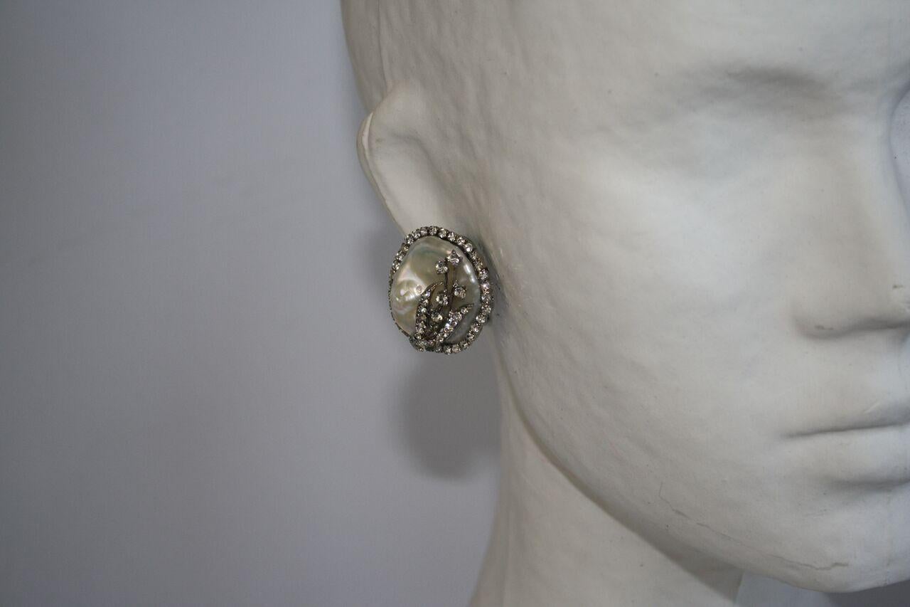 Women's Mei's Swarovski Crystal with Pearl Button Clip Earrings						