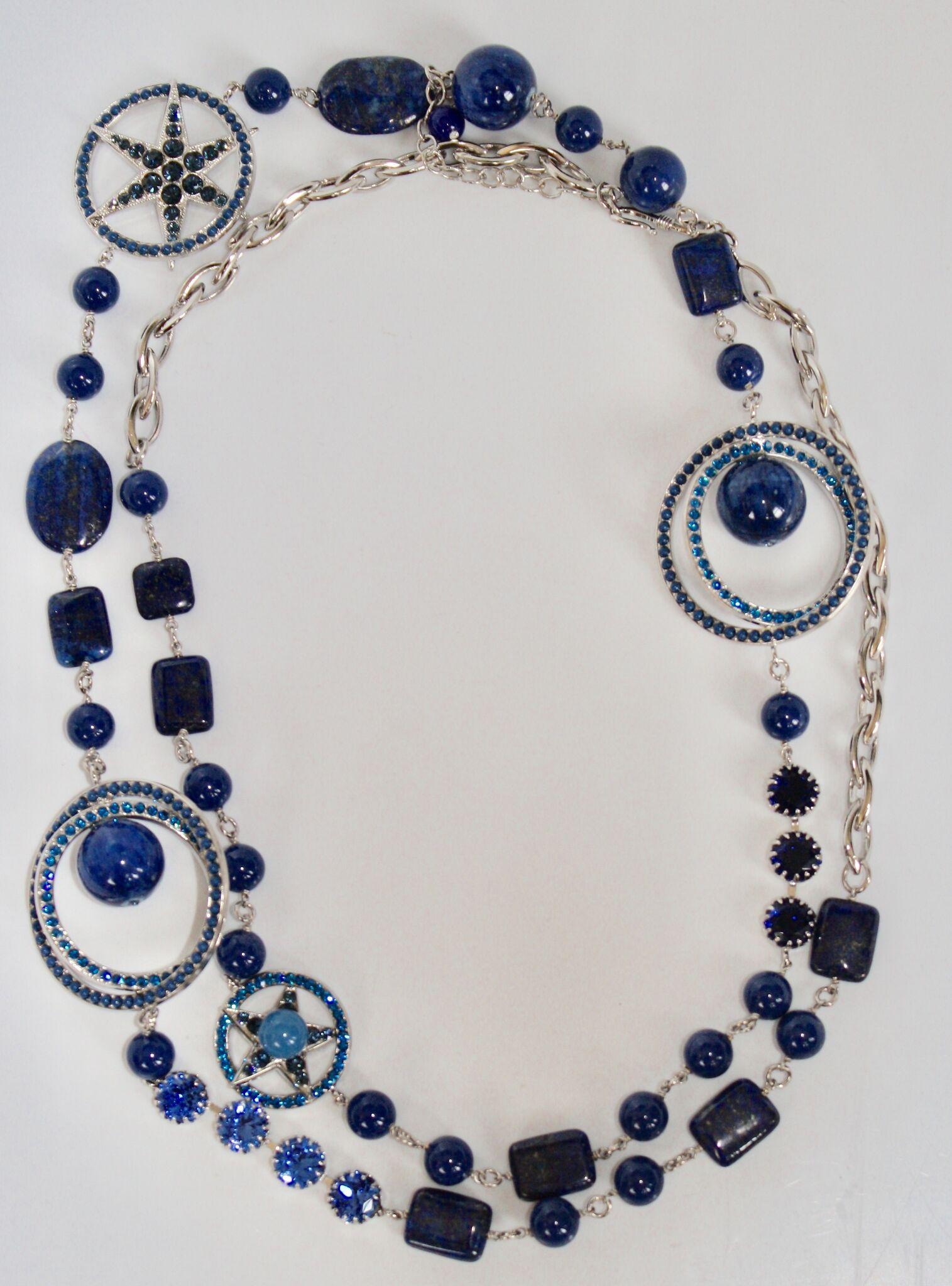 Aesthetic Movement Philippe Ferrandis Blue Swarovski Crystal Long Necklace For Sale