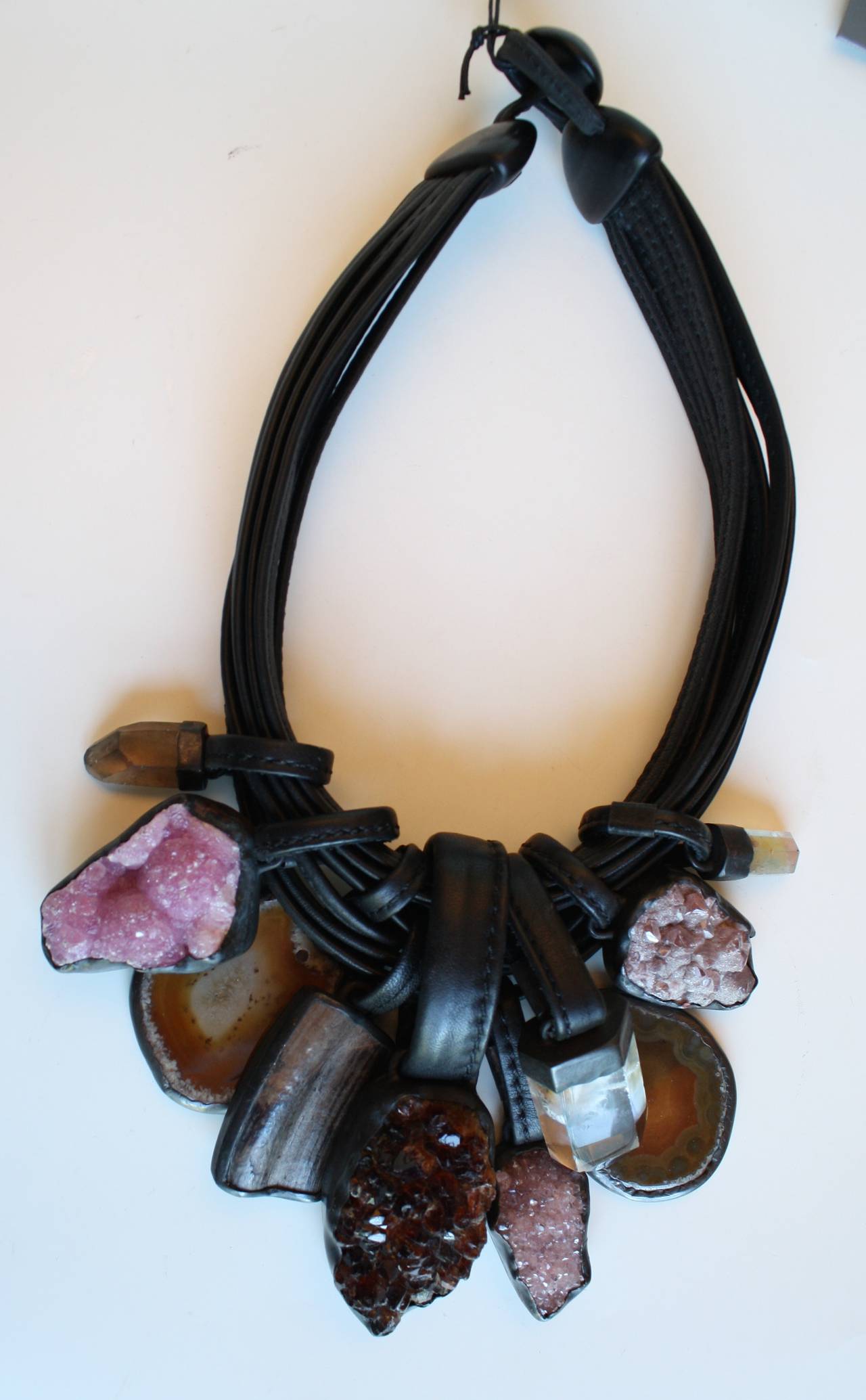 Monies Fluorite, Agate, Citrine, Ebony, and Leather Necklace In New Condition In Virginia Beach, VA