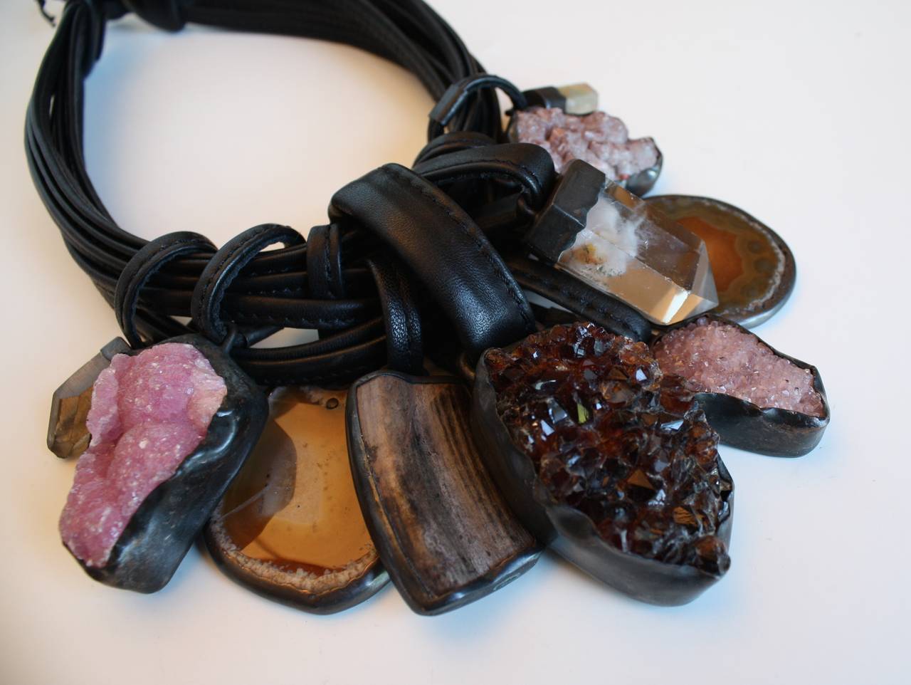 Women's Monies Fluorite, Agate, Citrine, Ebony, and Leather Necklace