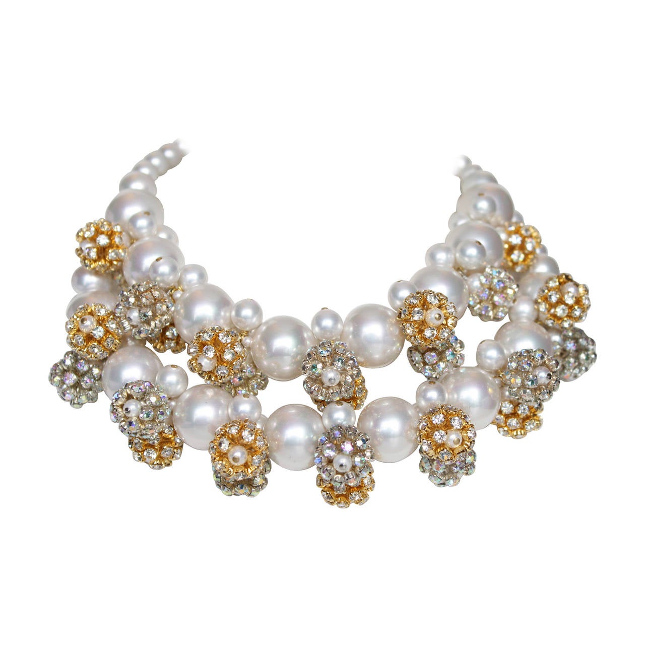 Francoise Montague Glass Pearl and Swarovski Crystal Ball Statement Necklace