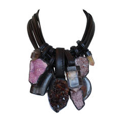 Monies Fluorite, Agate, Citrine, Ebony, and Leather Necklace