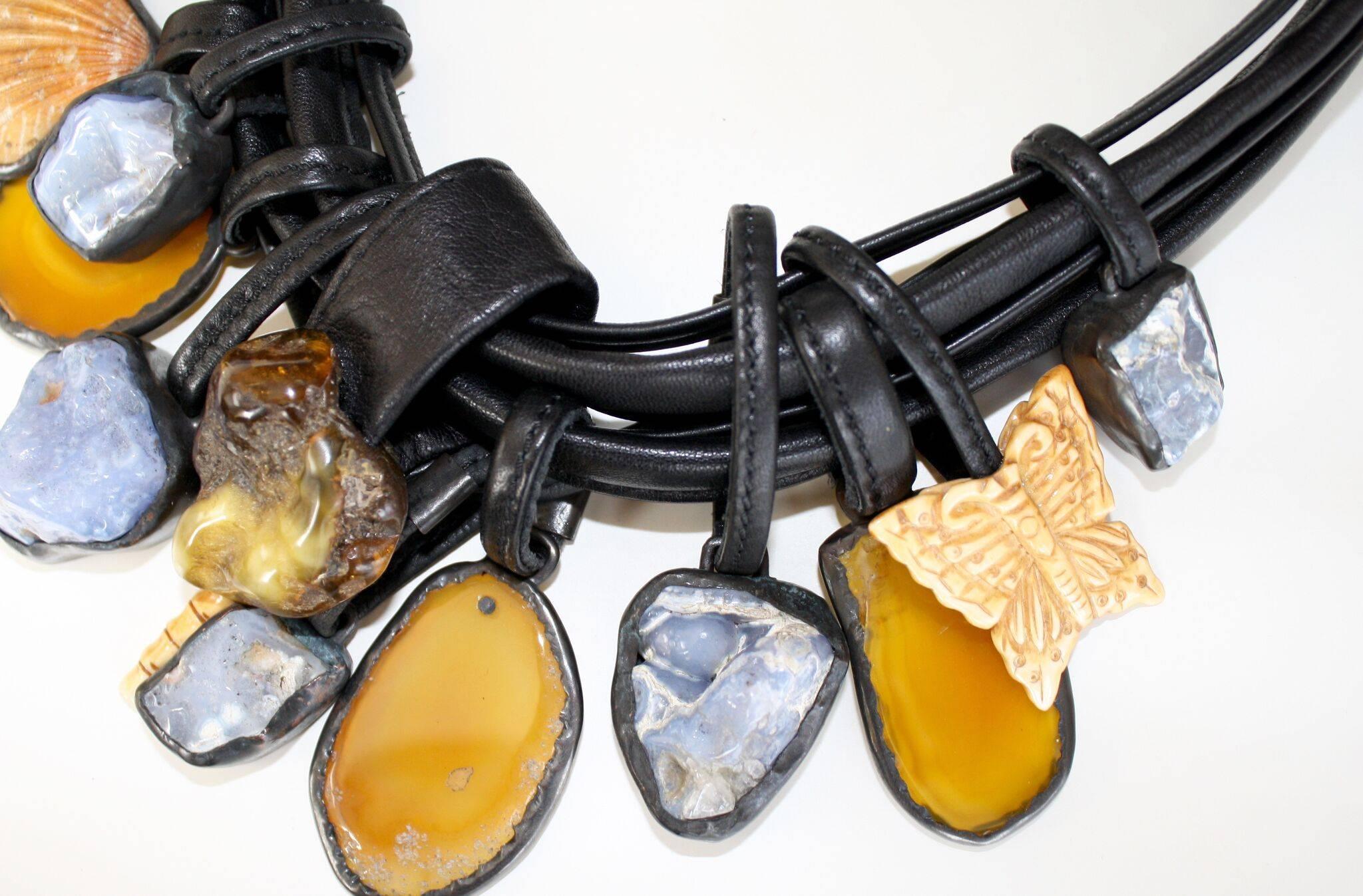 Monies Chalcedony, Amber, Agate, Bone, and Leather Necklace In New Condition In Virginia Beach, VA