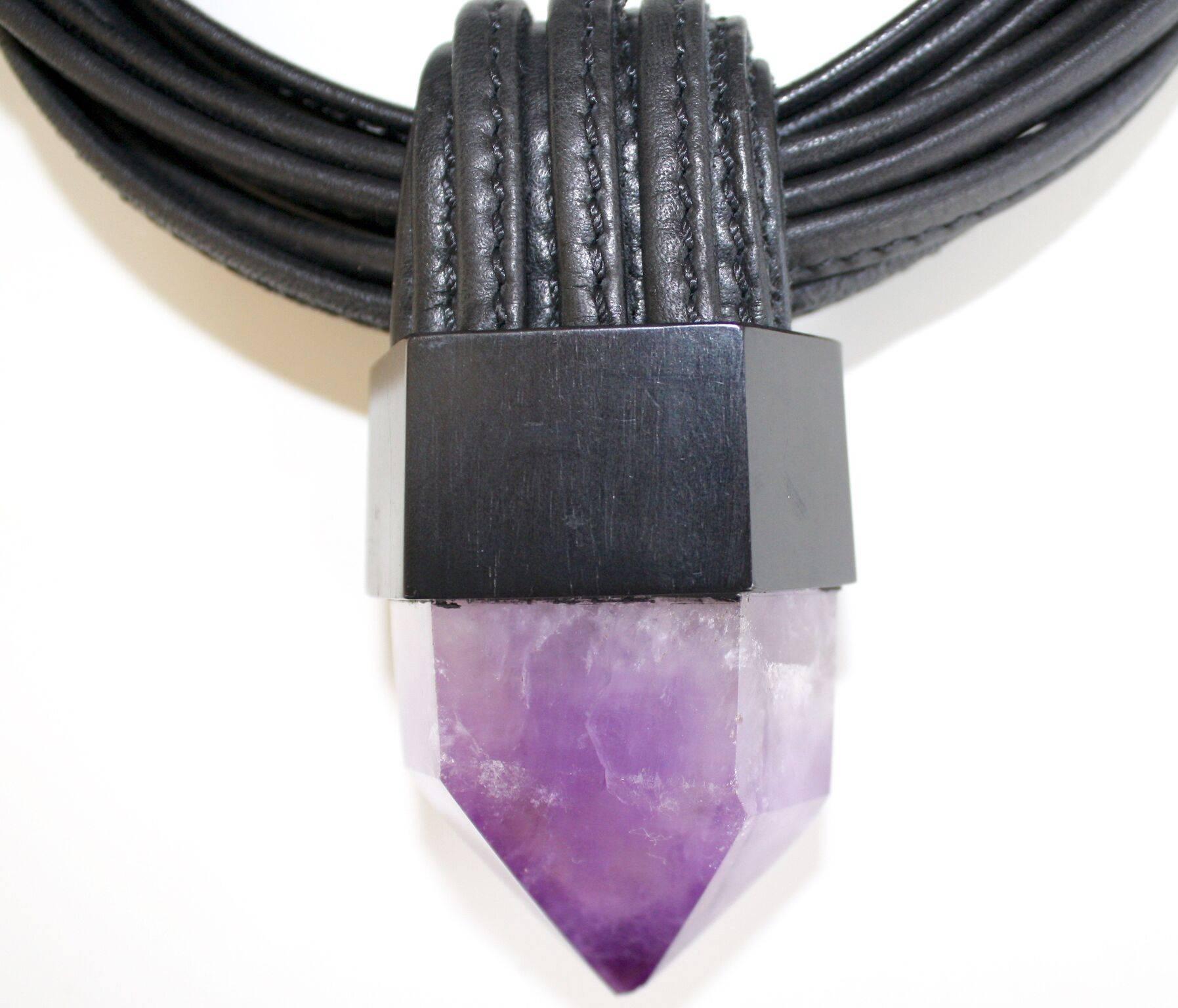 Monies Leather and Amethyst Drop Choker Necklace In New Condition In Virginia Beach, VA