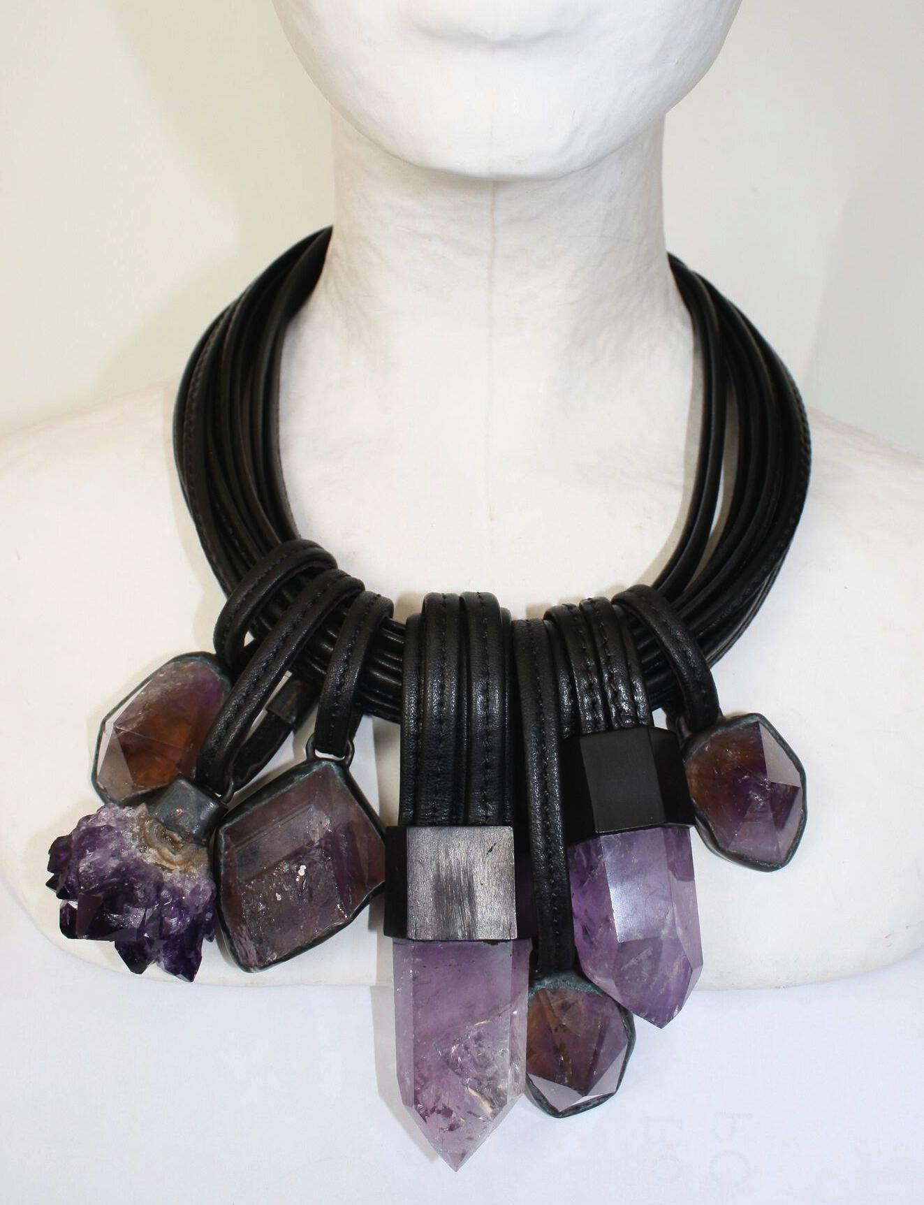 Monies Leather and Amethyst Multi Drop Necklace  In New Condition In Virginia Beach, VA