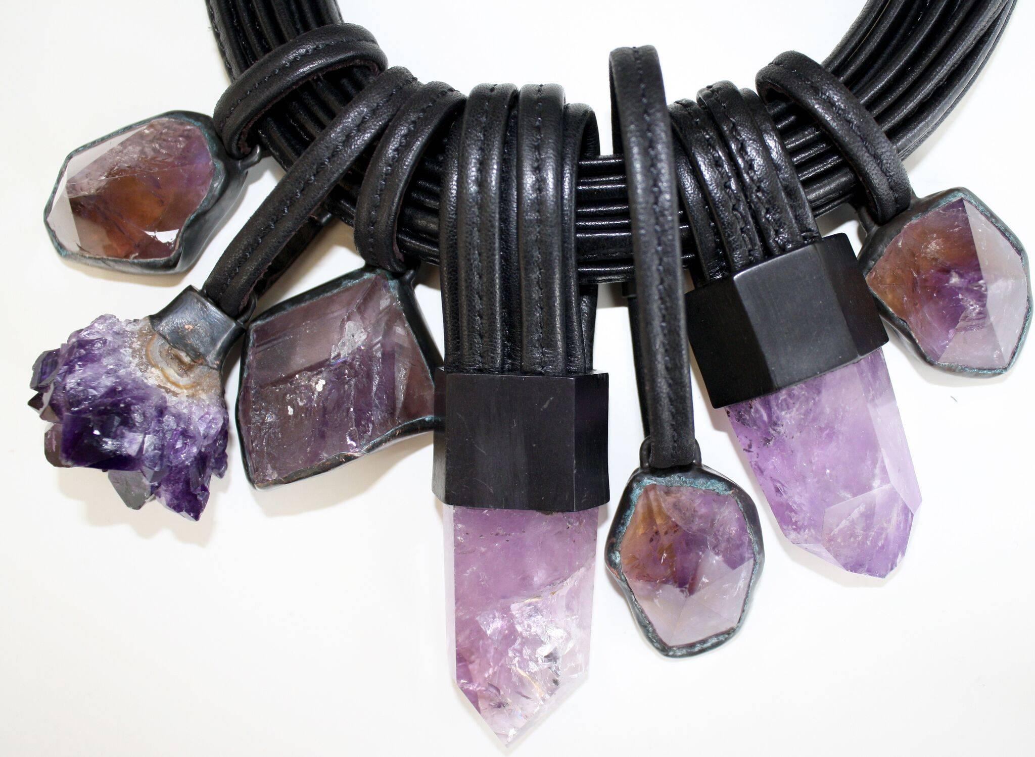 Women's Monies Leather and Amethyst Multi Drop Necklace 