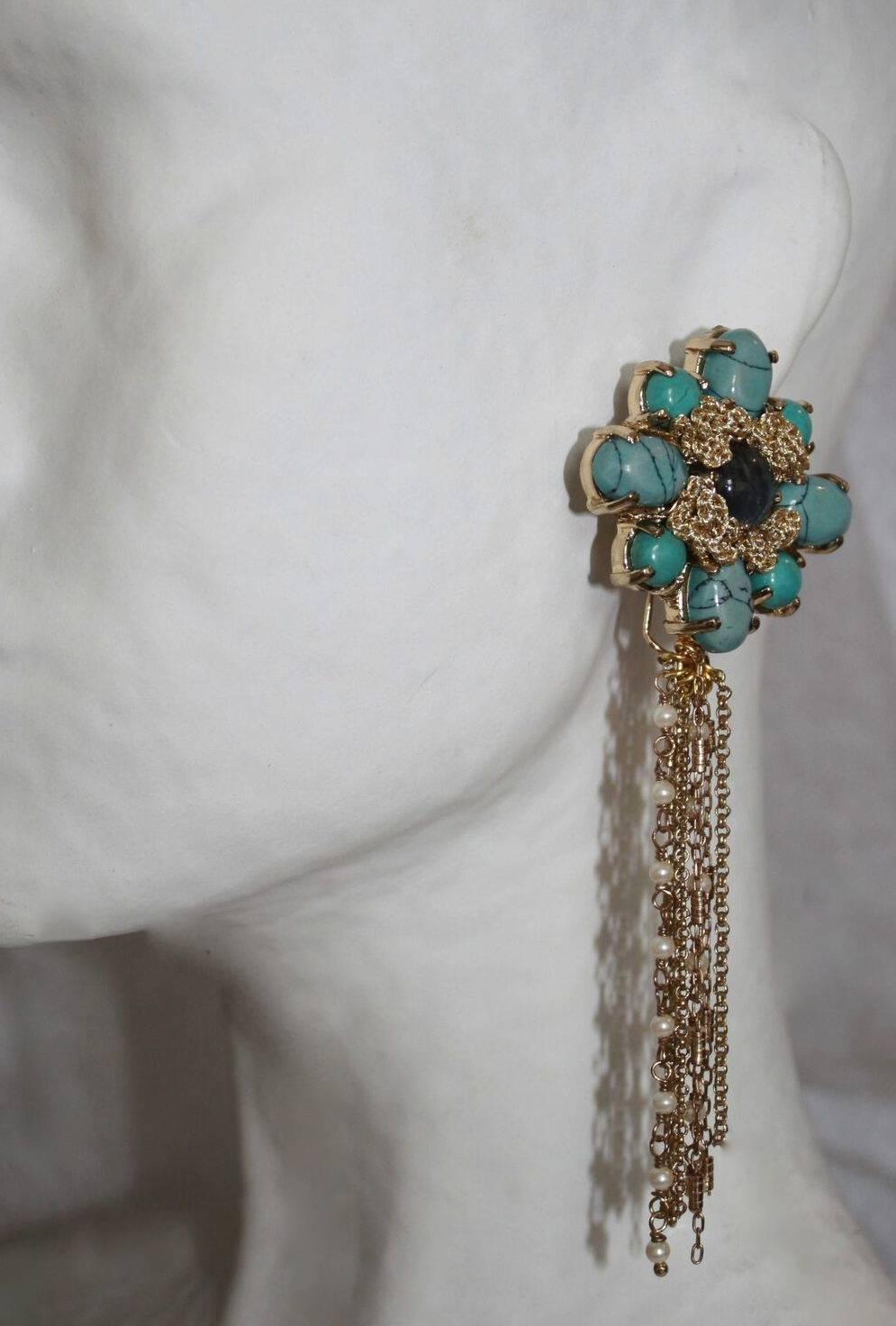 St Erasmus flower shape clip earrings with howlite, labradorite, and multi chain fringe.

Designer biography:

In 1995 after finishing a degree in fine arts and painting, Pieter Louis Erasmus moved to London. In 1996, he started working at