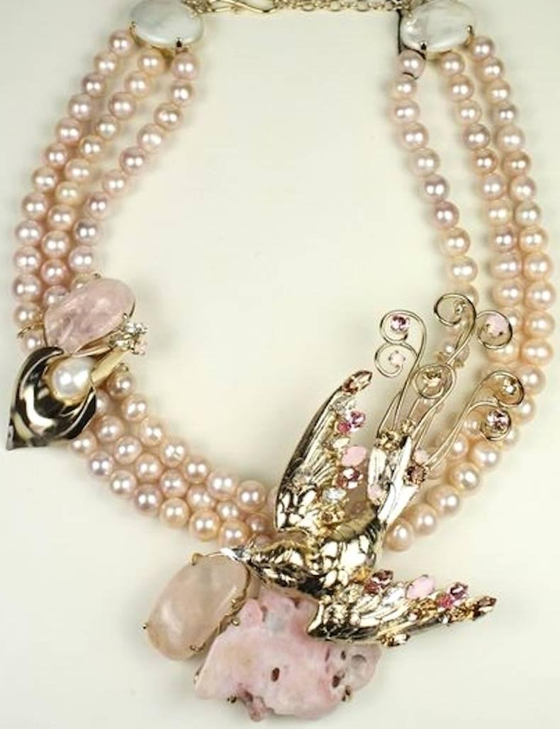 Philippe Ferrandis Pink Glass, Quartz, and Swarovski Crystal Bird Motif Necklace In New Condition In Virginia Beach, VA