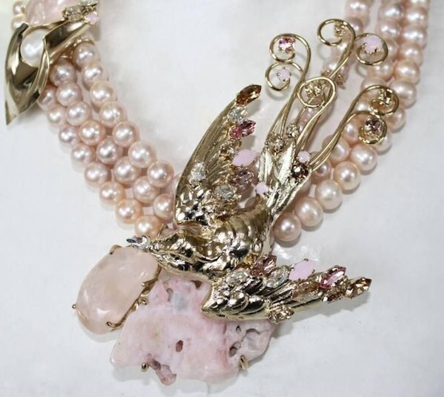 Women's Philippe Ferrandis Pink Glass, Quartz, and Swarovski Crystal Bird Motif Necklace