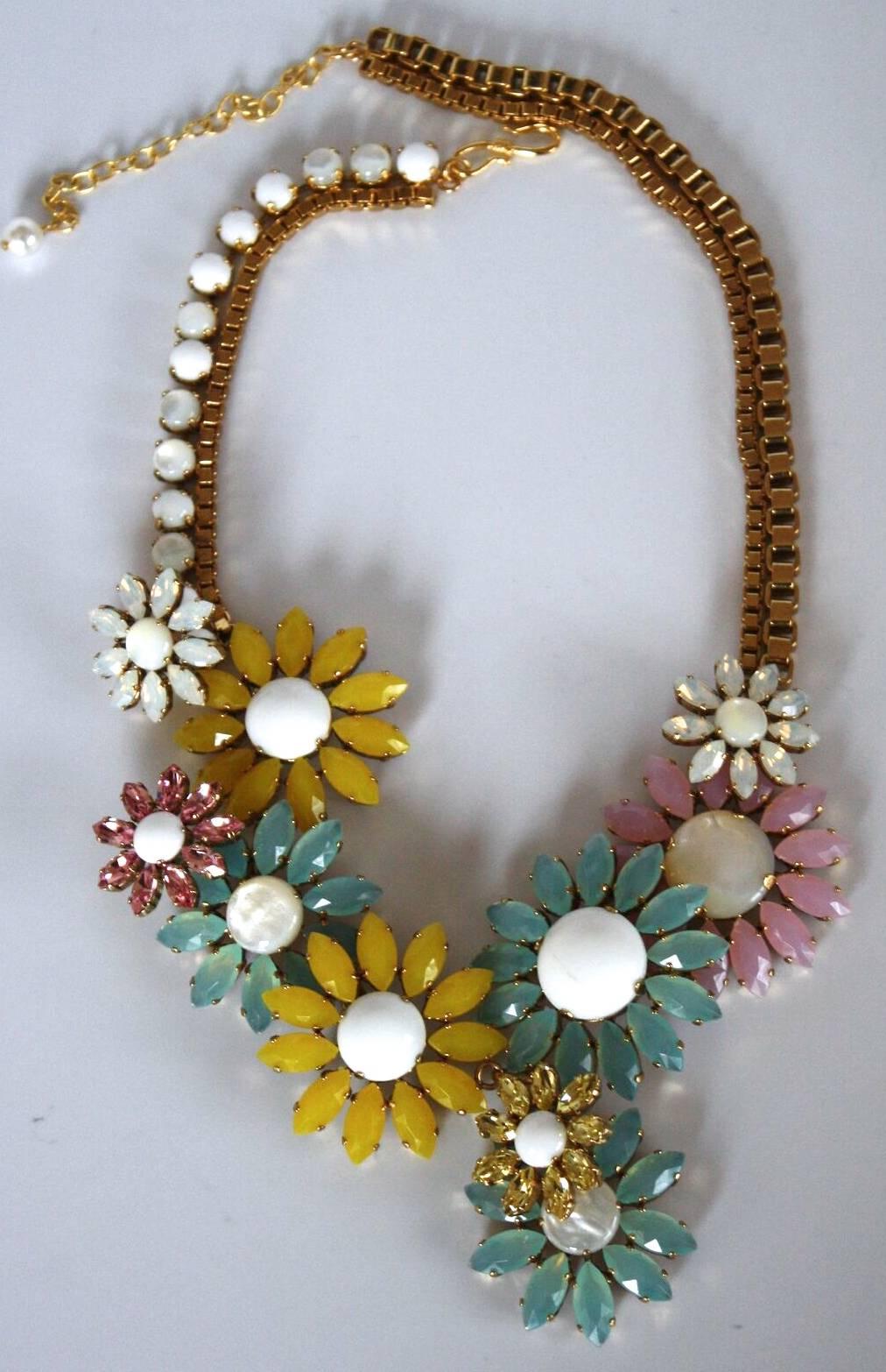 Pastel handmade glass cabochon and Swarovski Crystal daisy necklace from Philippe Ferrandis.   

18" width with 4" extension 