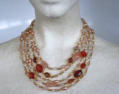 Goossens Paris 5 Row Tinted Pink Rock Crystal and Pearl Necklace