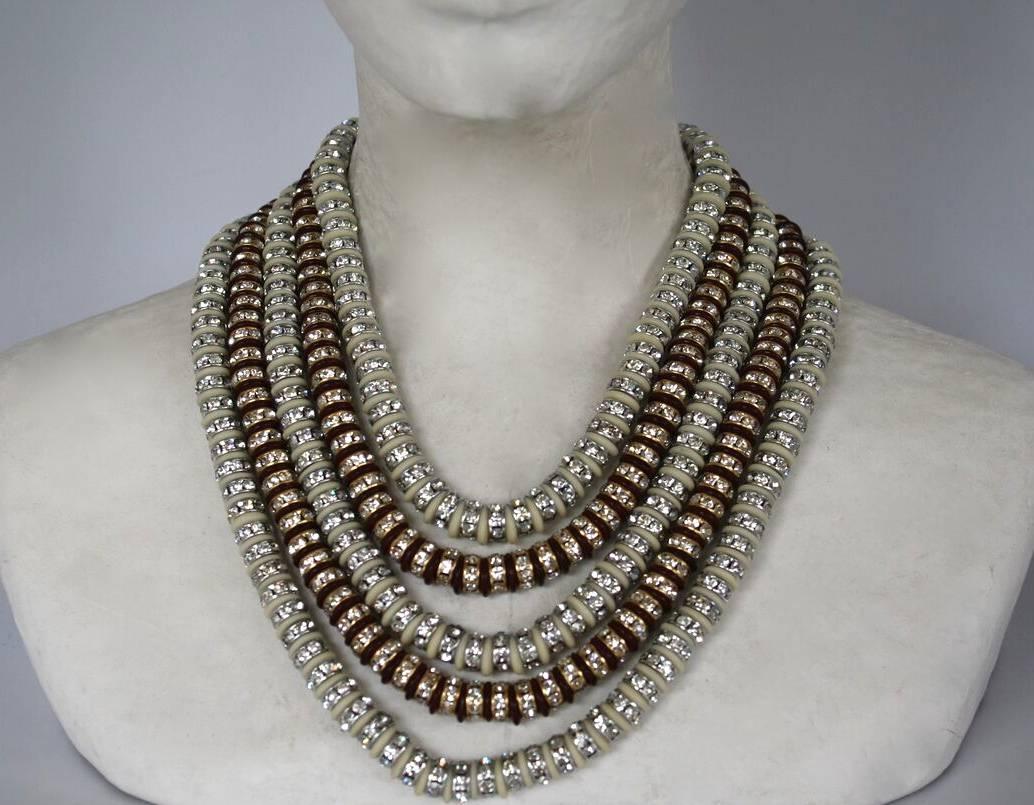 Francoise Montague Five Strand Brown & Ivory Swarovski Crystal Rondelle Necklace In New Condition In Virginia Beach, VA