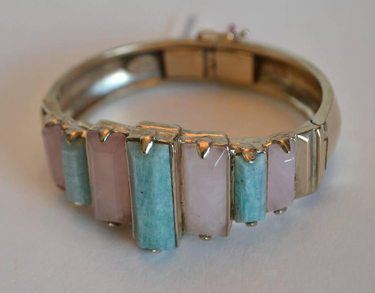 Graduated and alternating pink quartz and amazonite stones make up this gorgeous bracelet from Goossens Paris' Spring 2017 collection. 

Bronze plated with 24 carat pale gold. 