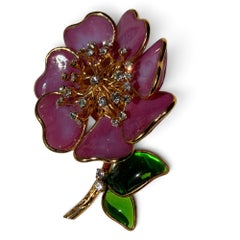 Broche de flor rosa de «pâte de verre» con cristales Swarovski