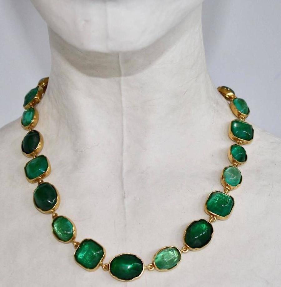 Made exclusively for the seller by Goossens Paris, this rock crystal necklace is hand tinted to give it its gorgeous emerald shade.   

16.5" long with 2" extra chain