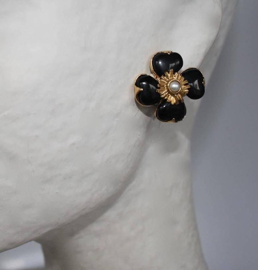 Goossens Paris Black Onyx Clover Clip Earrings with Pearl Center.