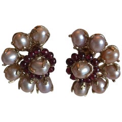 Goossens Paris Pink Baroque Pearl and Garnet Half Circle Clip Earrings