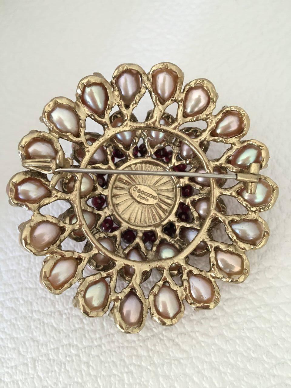 Goossens Paris Tinted Rock Crystal, Garnet, and Baroque Pearl Brooch on Bronze Plated with Pale Gold. 