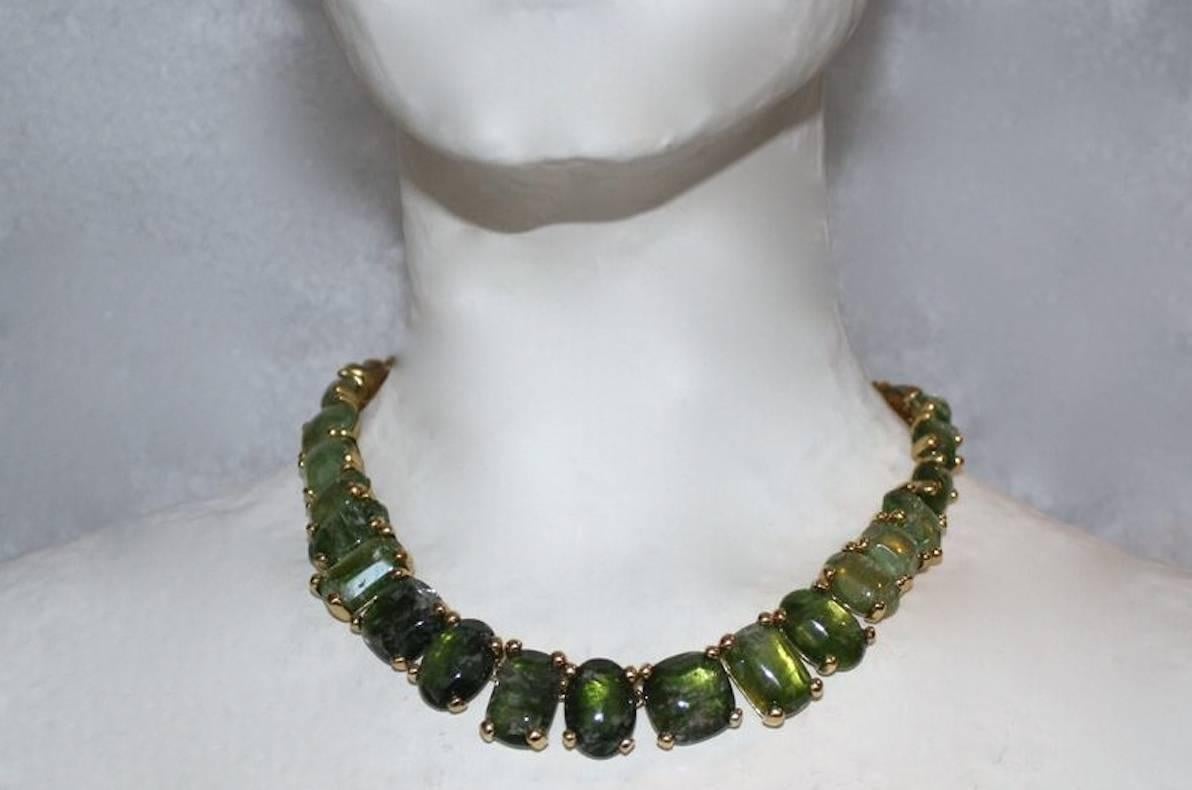 Green single row hand tinted rock crystal and yellow gold hope necklace from Goossens Paris. 
