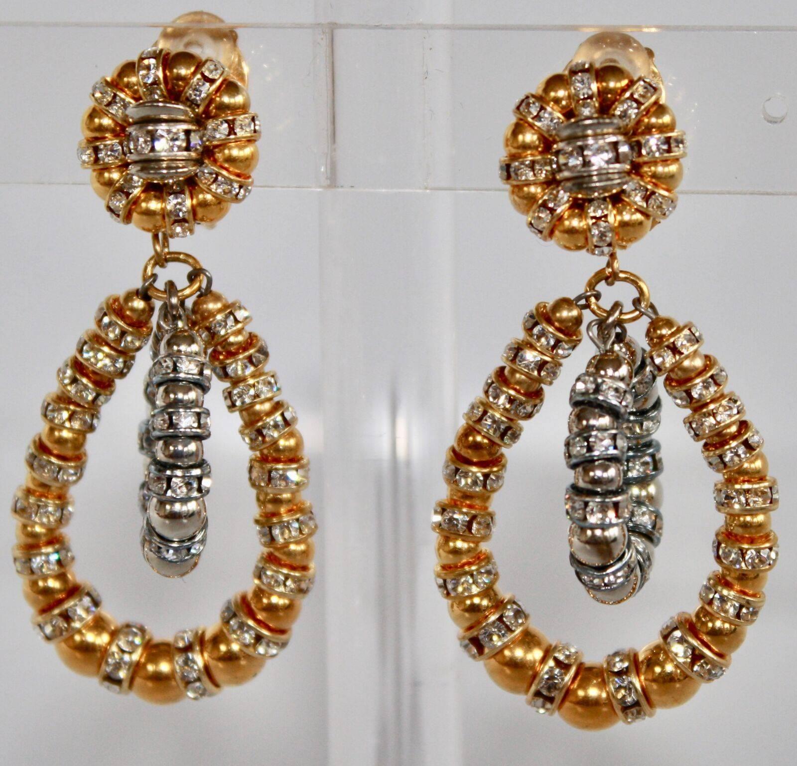 The iconic Lolita clip earrings from Francoise Montague in gold, silver, and crystal rondelles. 