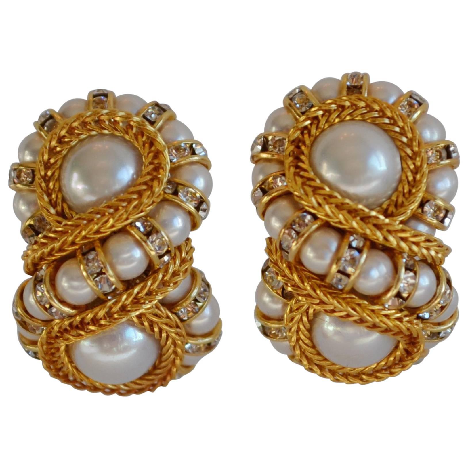 Francoise Montague Glass Pearl "Huit" Clip Earrings