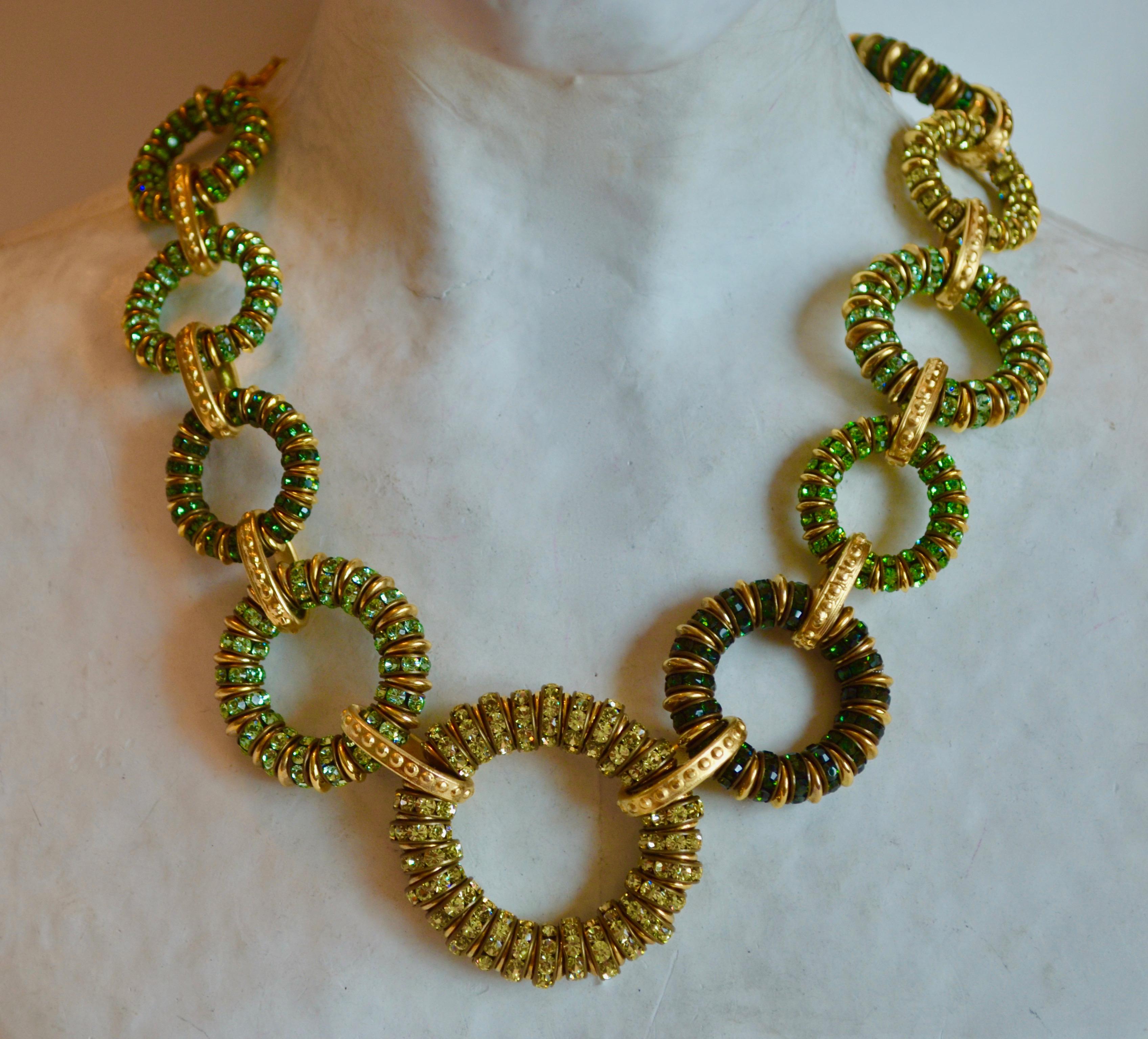 Multi-ring necklace made with Swarovski crystals in four gorgeous shades of green. A classic style from this French design house. 