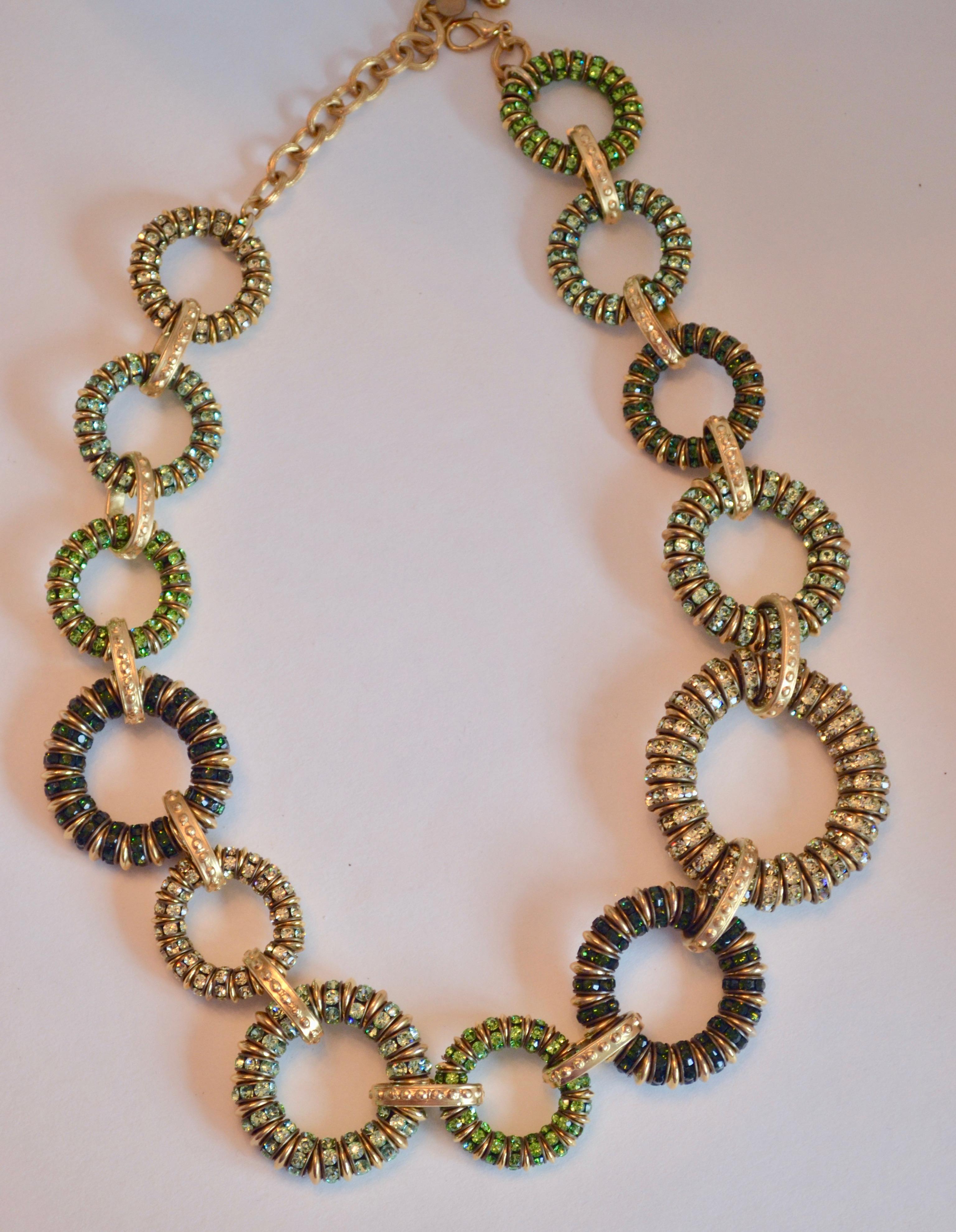 Francoise Montague Shades of Green Swarovski Crystal Shangri-la Necklace In New Condition In Virginia Beach, VA